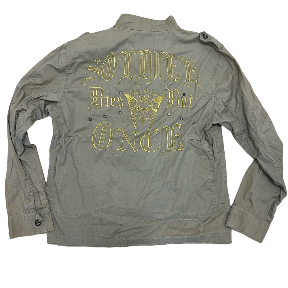 BLAC LABEL Men Large SOLIDER DIES BUT ONCE Olive Drab Gold Embroidered Jacket
